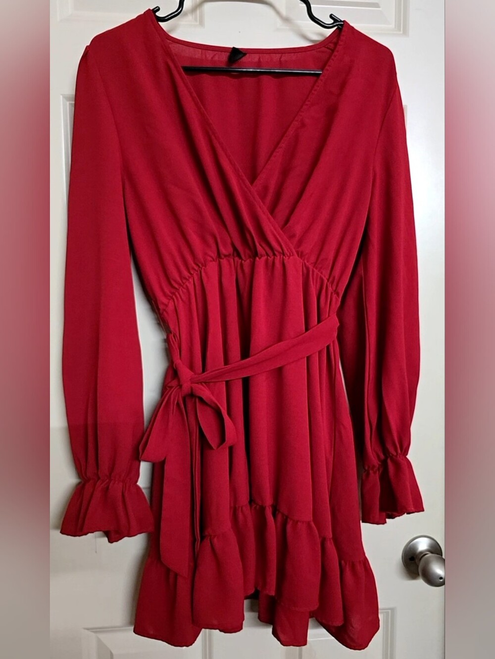 SHEIN Crimson Red Long Sleeve Wrap Ruffle Mini Dress